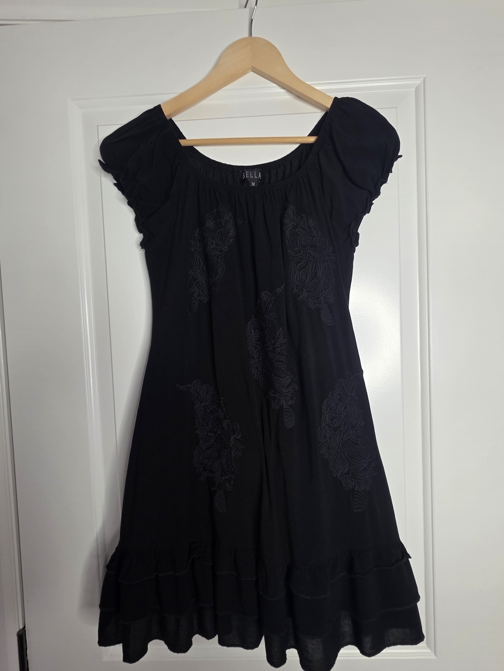 Black Short-Sleeve Ruffle Hem Dress